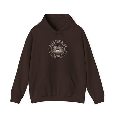 Alaska Midnight Sun Society Sweatshirt, Retro Mountain Emblem Shirt, product photo by Evernorth Design