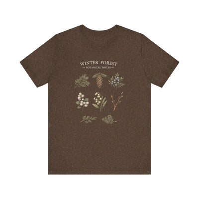 Winter Forest Botanical Tee, Pinecone & Rustic Foliage Shirt, product photo, botanical graphic tee by Evernorth Design