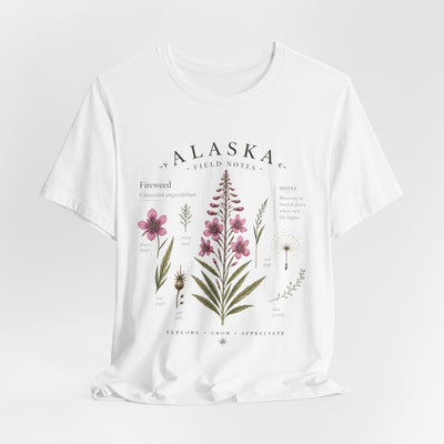 Botanical t-shirt with a delicate Alaska fireweed and wildflower illustration in muted pinks and greens by Evernorth — view 28
