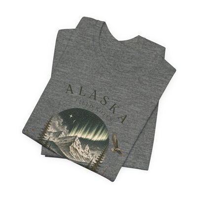 Graphic t-shirt with a vintage Alaska aurora scene of glowing peaks, a whale tail and soaring eagle by Evernorth — view 25
