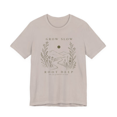 Grow Slow Root Deep tee, botanical mountain illustration, product photo, botanical graphic tee by Evernorth Design