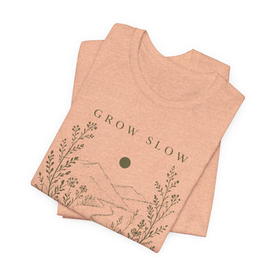 Grow Slow Root Deep tee, botanical mountain illustration, product photo, botanical graphic tee by Evernorth Design