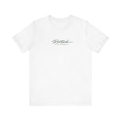 Rooted in Alaska T Shirt, Minimalist Mountain Tee, product photo, Alaska-inspired and nature-inspired Alaska graphic tee by Evernorth Design
