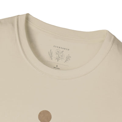 Minimalist Mountains T-Shirt, grounded. present. free. Nature Graphic Tee, product photo, nature-inspired graphic tee by Evernorth Design
