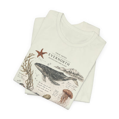 Ocean Wildlife Illustration Tee, Vintage Whale & Sea Creatures Graphic Shirt, product photo, nature-inspired coastal graphic tee by Evernorth Design