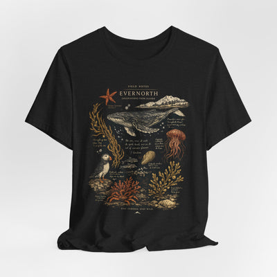 Ocean Wildlife Illustration Tee, Vintage Whale & Sea Creatures Graphic Shirt, product photo, nature-inspired coastal graphic tee by Evernorth Design