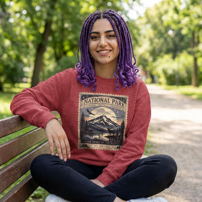 National Park Stamp Crewneck Sweatshirt, Vintage Mountain Sweatshirt, product photo, nature-inspired graphic tee by Evernorth Design