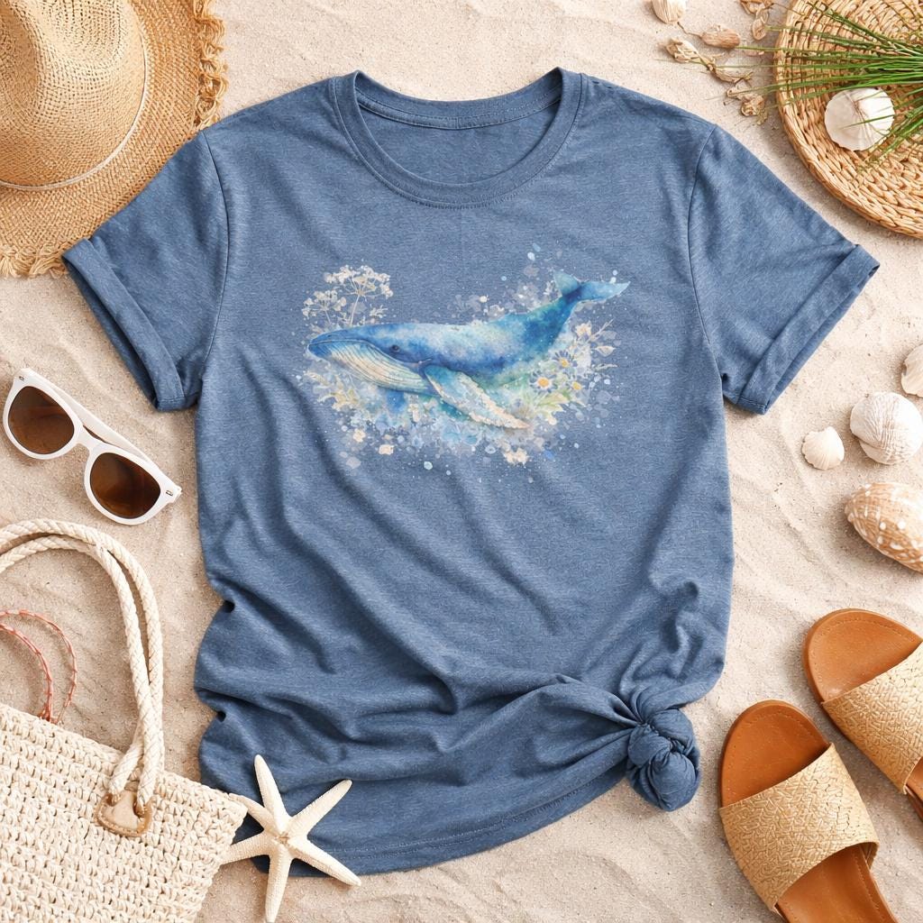 Watercolor Blue Whale T-Shirt | Coastal Cottagecore Tee