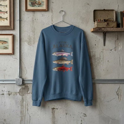 Fish Alaska Crewneck Sweatshirt, Salmon, Trout, Rockfish, product photo, Alaska-inspired and nature-inspired Alaska graphic tee by Evernorth Design