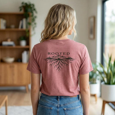 Rooted in Alaska T Shirt, Minimalist Mountain Tee, product photo, Alaska-inspired and nature-inspired Alaska graphic tee by Evernorth Design