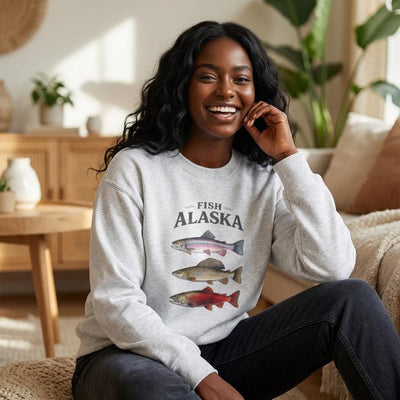 Fish Alaska Crewneck Sweatshirt, Salmon, Trout, Rockfish, main product photo, Alaska-inspired and nature-inspired Alaska graphic tee by Evernorth Design
