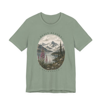 Soft nature t-shirt printed with an oval Alaska scene of snowy peaks, a still lake and fireweed by Evernorth — view 9