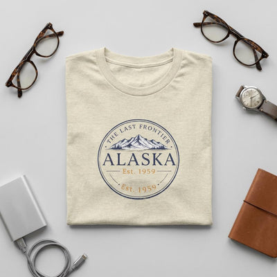 Alaska The Last Frontier, Classic Emblem Tee, product photo, Alaska-inspired and nature-inspired Alaska graphic tee by Evernorth Design