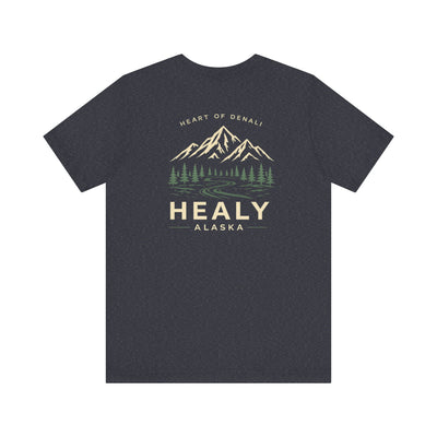Soft jersey t-shirt with a detailed Healy Alaska mountain and spruce illustration in earthy tones by Evernorth — view 22