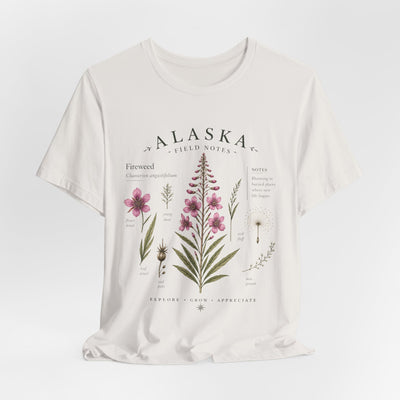 Botanical t-shirt with a delicate Alaska fireweed and wildflower illustration in muted pinks and greens by Evernorth — view 20