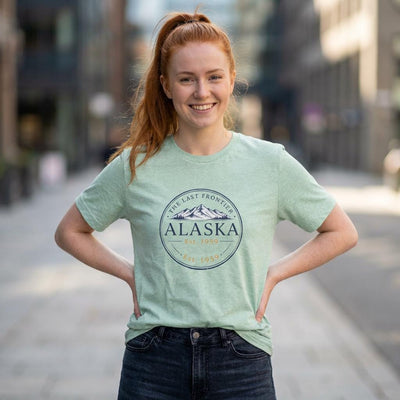 Alaska The Last Frontier, Classic Emblem Tee, product photo, Alaska-inspired and nature-inspired Alaska graphic tee by Evernorth Design