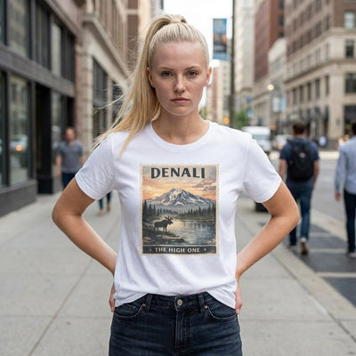 Denali Mountain Sunset T-Shirt, The High One National Park, product photo, Alaska-inspired and nature-inspired Alaska graphic tee by Evernorth Design