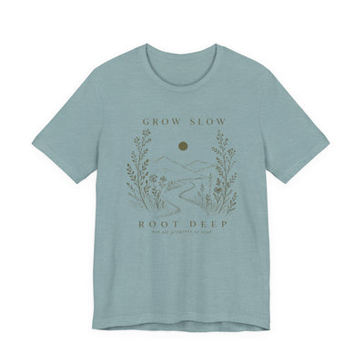 Grow Slow Root Deep tee, botanical mountain illustration, product photo, botanical graphic tee by Evernorth Design
