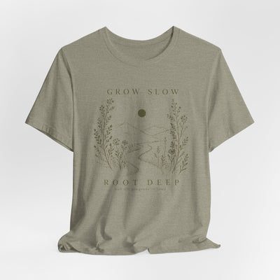 Grow Slow Root Deep tee, botanical mountain illustration, product photo, botanical graphic tee by Evernorth Design