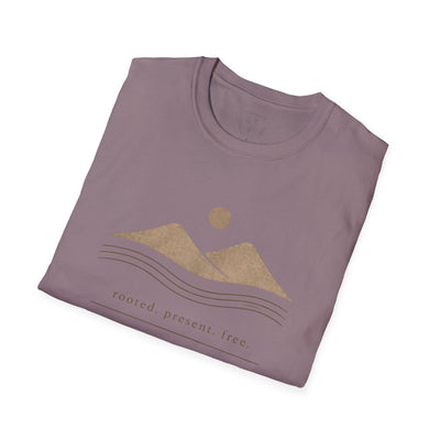 Minimalist Mountains T-Shirt, grounded. present. free. Nature Graphic Tee, product photo, nature-inspired graphic tee by Evernorth Design