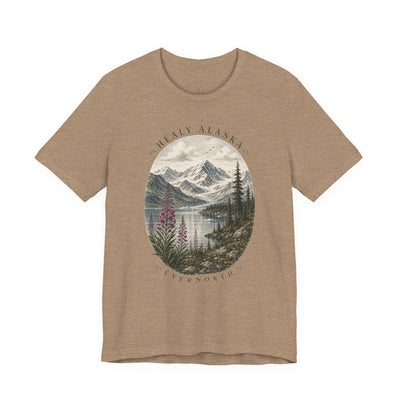 Soft nature t-shirt printed with an oval Alaska scene of snowy peaks, a still lake and fireweed by Evernorth — view 8