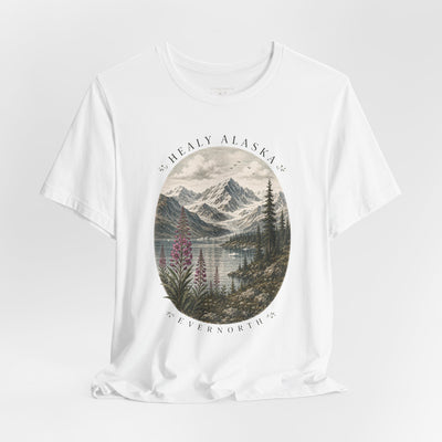 Soft nature t-shirt printed with an oval Alaska scene of snowy peaks, a still lake and fireweed by Evernorth — view 11