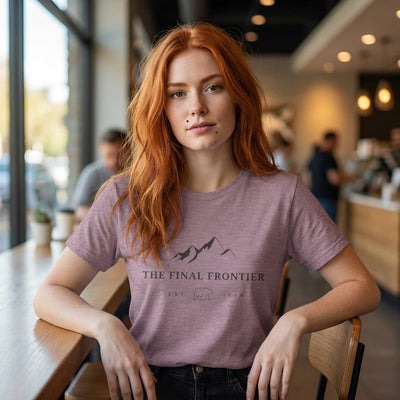The Final Frontier, Mountain graphic, product photo, Alaska-inspired and nature-inspired Alaska graphic tee by Evernorth Design