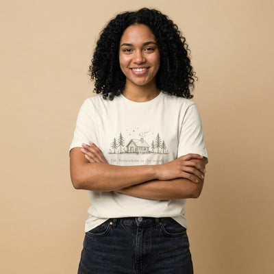 Cabin in Pines illustration Tee, Cozy Woodland Scenic Shirt, product photo, elevated everyday graphic tee by Evernorth Design