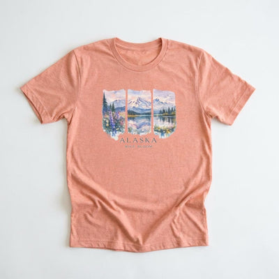 Alaska watercolor landscape tee, Landscape Shirt, product photo, Alaska-inspired and nature-inspired Alaska graphic tee by Evernorth Design