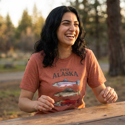 Alaska Fish T Shirt, Trout Salmon Graphic Tee, product photo, Alaska-inspired and nature-inspired Alaska graphic tee by Evernorth Design