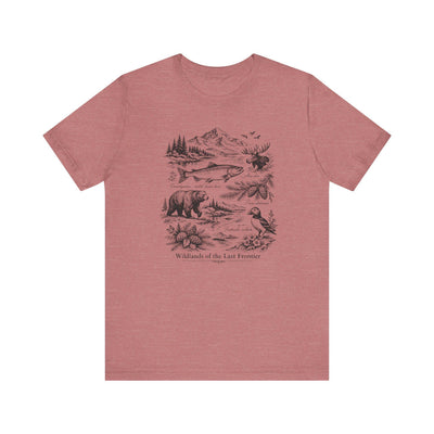 Wilderness Wildlife Illustration Tee, Bear, Salmon, Moose, Mountain Shirt, product photo by Evernorth Design