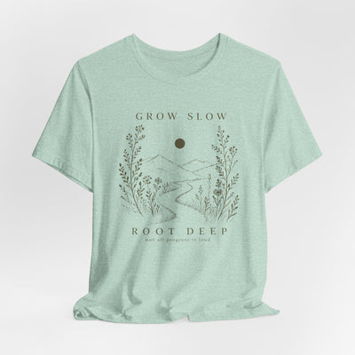 Grow Slow Root Deep tee, botanical mountain illustration, product photo, botanical graphic tee by Evernorth Design