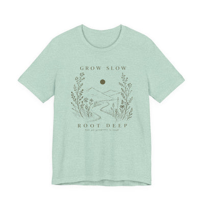 Grow Slow Root Deep tee, botanical mountain illustration, product photo, botanical graphic tee by Evernorth Design