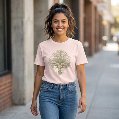 Wildflower Bouquet Shirt, Daisy & Foxglove Illustration, product photo, botanical graphic tee by Evernorth Design