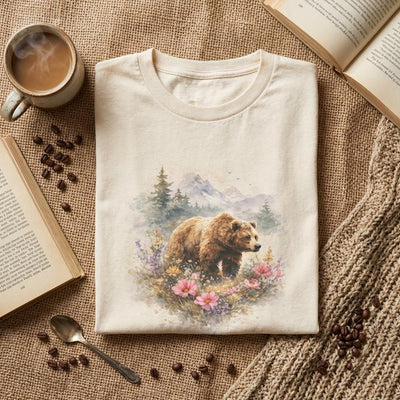 Bear Illustration T-Shirt, Mountain Nature Scene, product photo, Alaska-inspired and nature-inspired Alaska graphic tee by Evernorth Design
