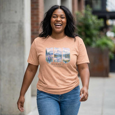 Alaska watercolor landscape tee, Landscape Shirt, product photo, Alaska-inspired and nature-inspired Alaska graphic tee by Evernorth Design