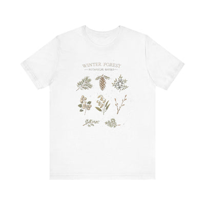 Winter Forest Botanical Tee, Pinecone & Rustic Foliage Shirt, product photo, botanical graphic tee by Evernorth Design