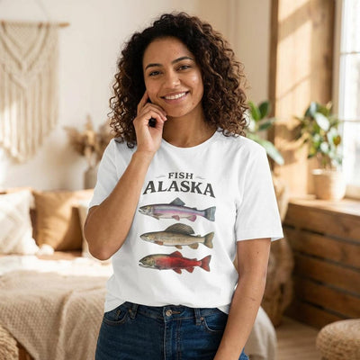 Alaska Fish T Shirt, Trout Salmon Graphic Tee, product photo, Alaska-inspired and nature-inspired Alaska graphic tee by Evernorth Design