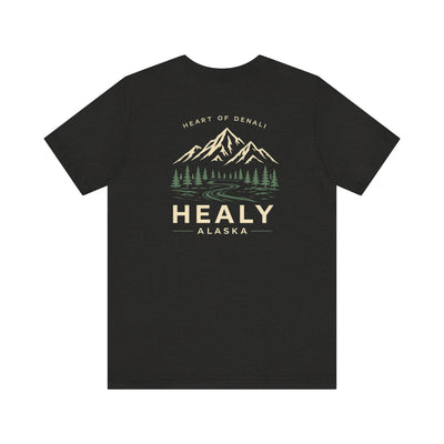 Soft jersey t-shirt with a detailed Healy Alaska mountain and spruce illustration in earthy tones by Evernorth — view 33