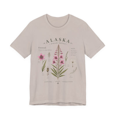 Botanical t-shirt with a delicate Alaska fireweed and wildflower illustration in muted pinks and greens by Evernorth — view 13