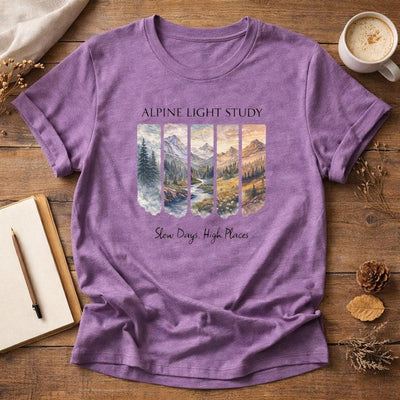 Alpine Light Study T-Shirt, Mountain Landscape Graphic Tee, product photo, nature-inspired graphic tee by Evernorth Design