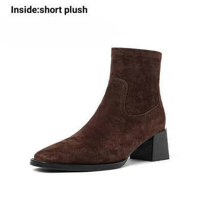 Womens Suede Ankle Booties with Block Heel, product photo, elevated everyday women’s footwear by Evernorth Design