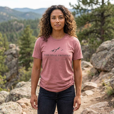 The Final Frontier, Mountain graphic, product photo, Alaska-inspired and nature-inspired Alaska graphic tee by Evernorth Design