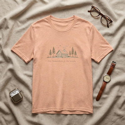 Cabin in Pines illustration Tee, Cozy Woodland Scenic Shirt, product photo, elevated everyday graphic tee by Evernorth Design