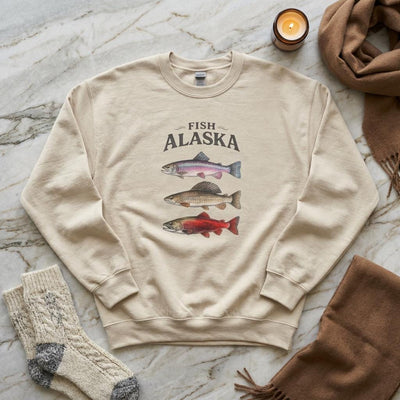 Fish Alaska Crewneck Sweatshirt, Salmon, Trout, Rockfish, product photo, Alaska-inspired and nature-inspired Alaska graphic tee by Evernorth Design