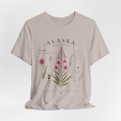 Botanical t-shirt with a delicate Alaska fireweed and wildflower illustration in muted pinks and greens by Evernorth — view 16
