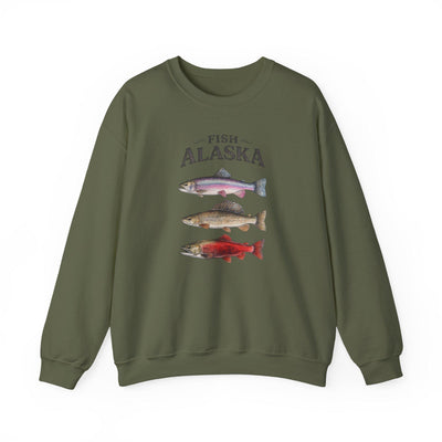 Fish Alaska Crewneck Sweatshirt, Salmon, Trout, Rockfish, product photo, Alaska-inspired and nature-inspired Alaska graphic tee by Evernorth Design