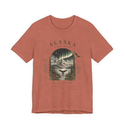 Graphic t-shirt with a vintage Alaska aurora scene of glowing peaks, a whale tail and soaring eagle by Evernorth — view 15