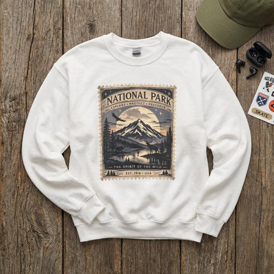 National Park Stamp Crewneck Sweatshirt, Vintage Mountain Sweatshirt, product photo, nature-inspired graphic tee by Evernorth Design