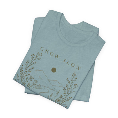 Grow Slow Root Deep tee, botanical mountain illustration, product photo, botanical graphic tee by Evernorth Design